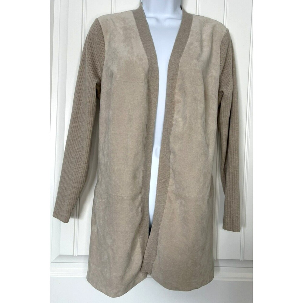 Calvin Klein Open Cardigan Jacket Womens Size Medium Beige Faux Suede Ribbed